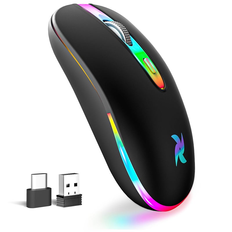 HZD LED Wireless Mouse, Slim Silent Rechargeable Mouse, 2.4G Portable USB Optical Mouse with Type C Adapter, 3 Adjustable DPI Levels 1600/1200/800 for Laptop/Tablet/Computer - Image 1