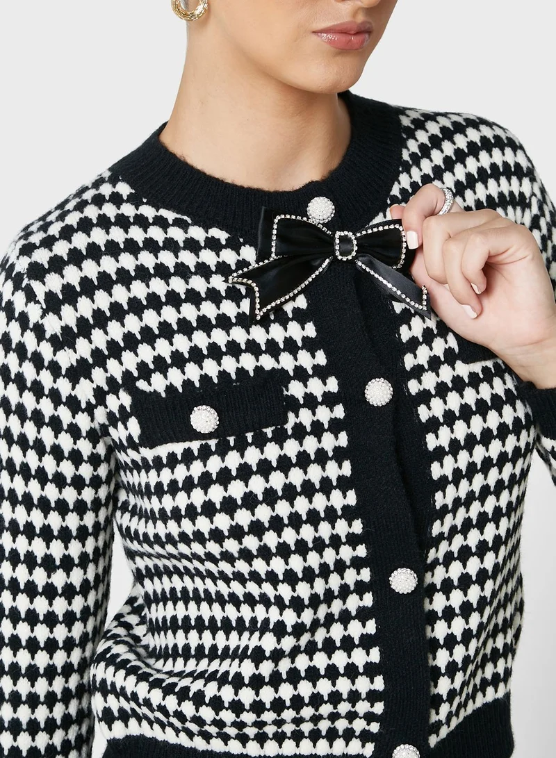 ELLA Houndstooth Cardigan With Bow