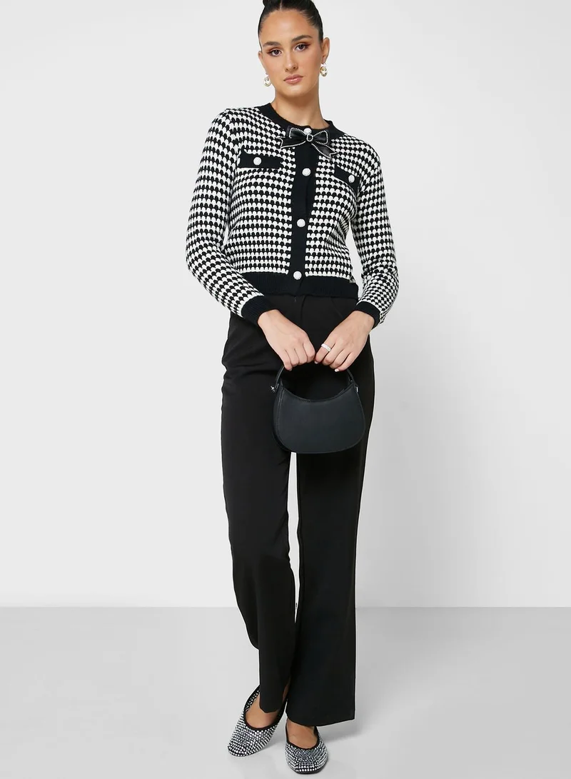 ELLA Houndstooth Cardigan With Bow