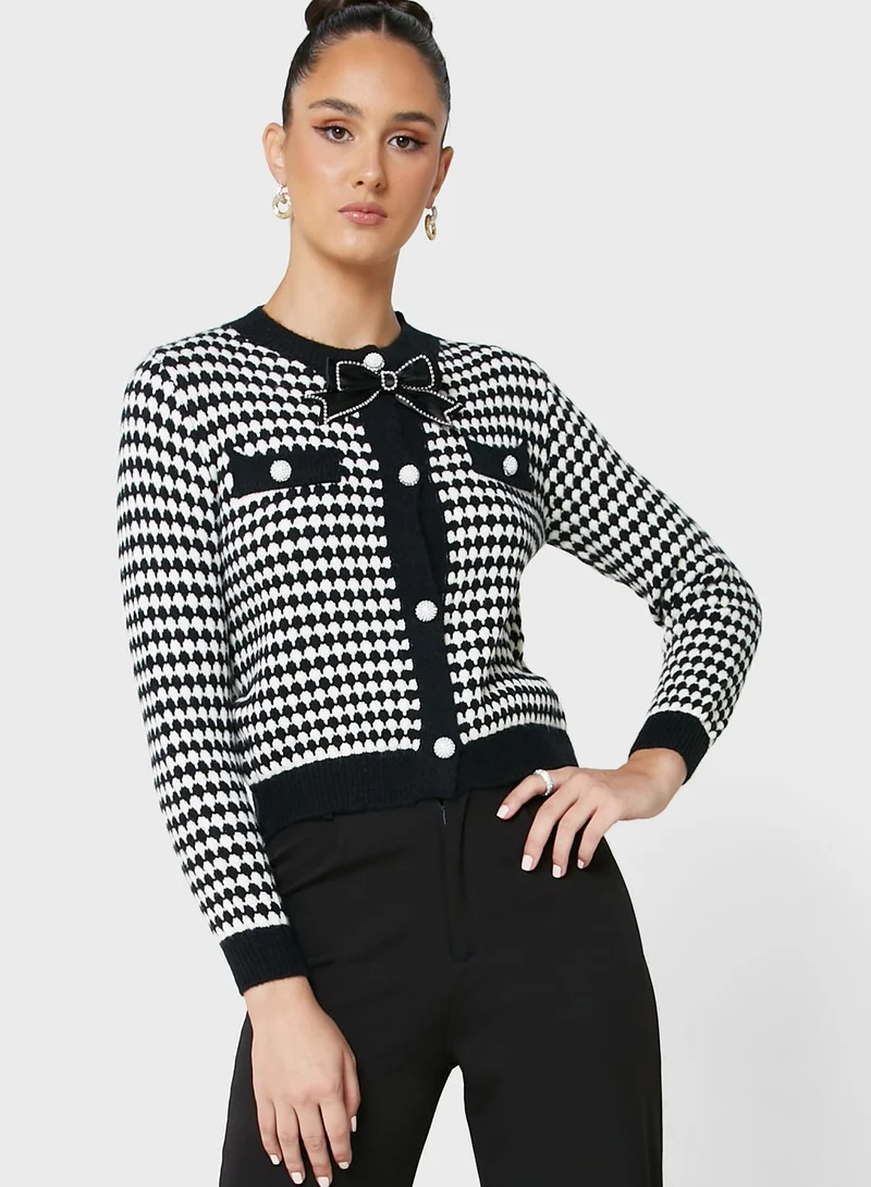 ELLA Houndstooth Cardigan With Bow