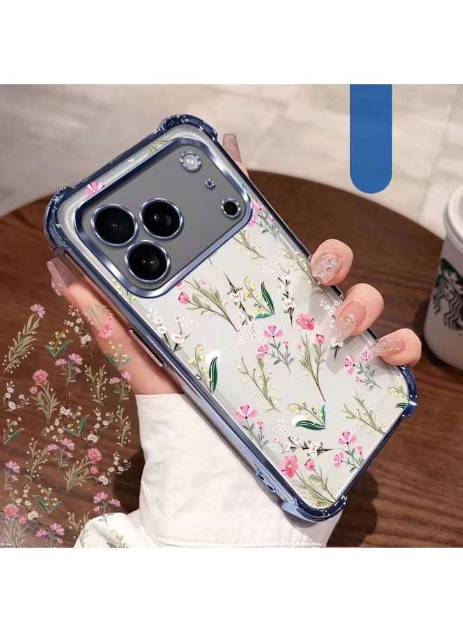 Temu Transparent case with blue edges, rose decoration, four-corner drop protection, daily shockproof phone cover, scratch-resistant surface, compatible with iPhone 17 Pro Max - Image 1