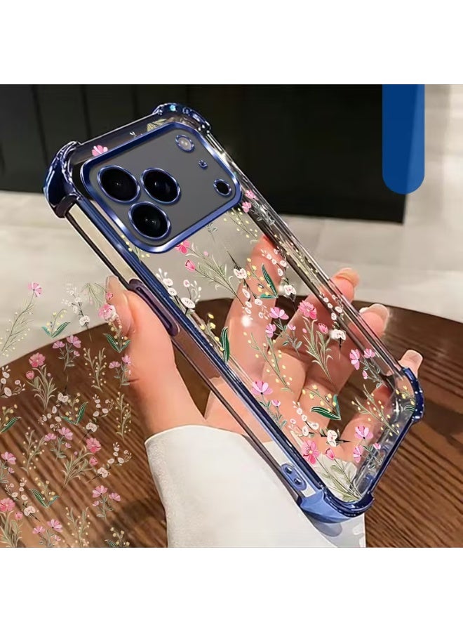 Temu Transparent case with blue edges, rose decoration, four-corner drop protection, daily shockproof phone cover, scratch-resistant surface, compatible with iPhone 17 Pro Max - Image 2