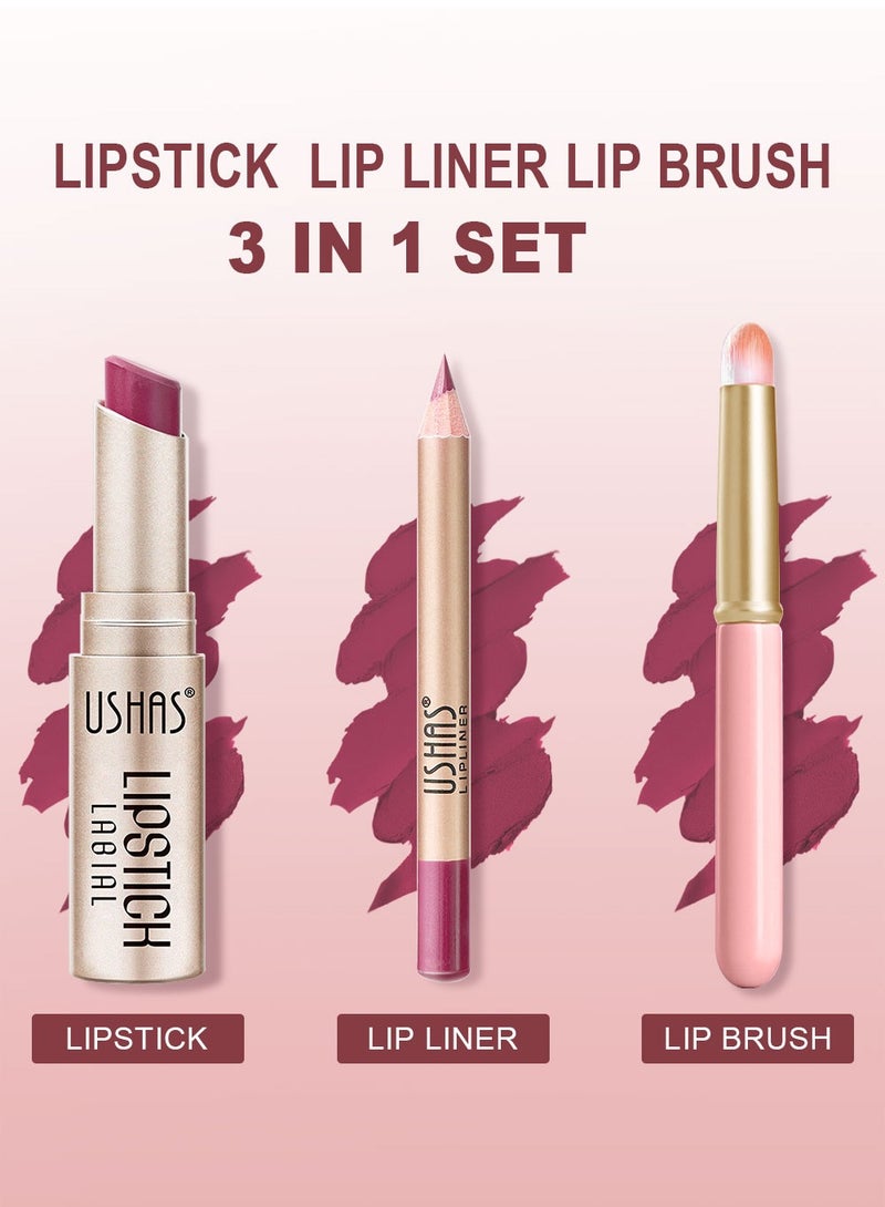 Ushas 3 Pcs Lip Liner & Lipstick Set, Long-Lasting Matte Waterproof Lip Liner and Lipstick Combo With Pink Lip Brush, Lips Makeup Gift Kit for Women#3 - Image 2