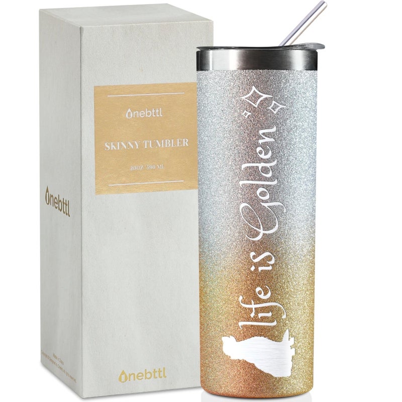 Onebttl Golden Retriever Gifts for Women  Dog Moms 20Oz Glitter Skinny Travel Tumbler  Life is Golden