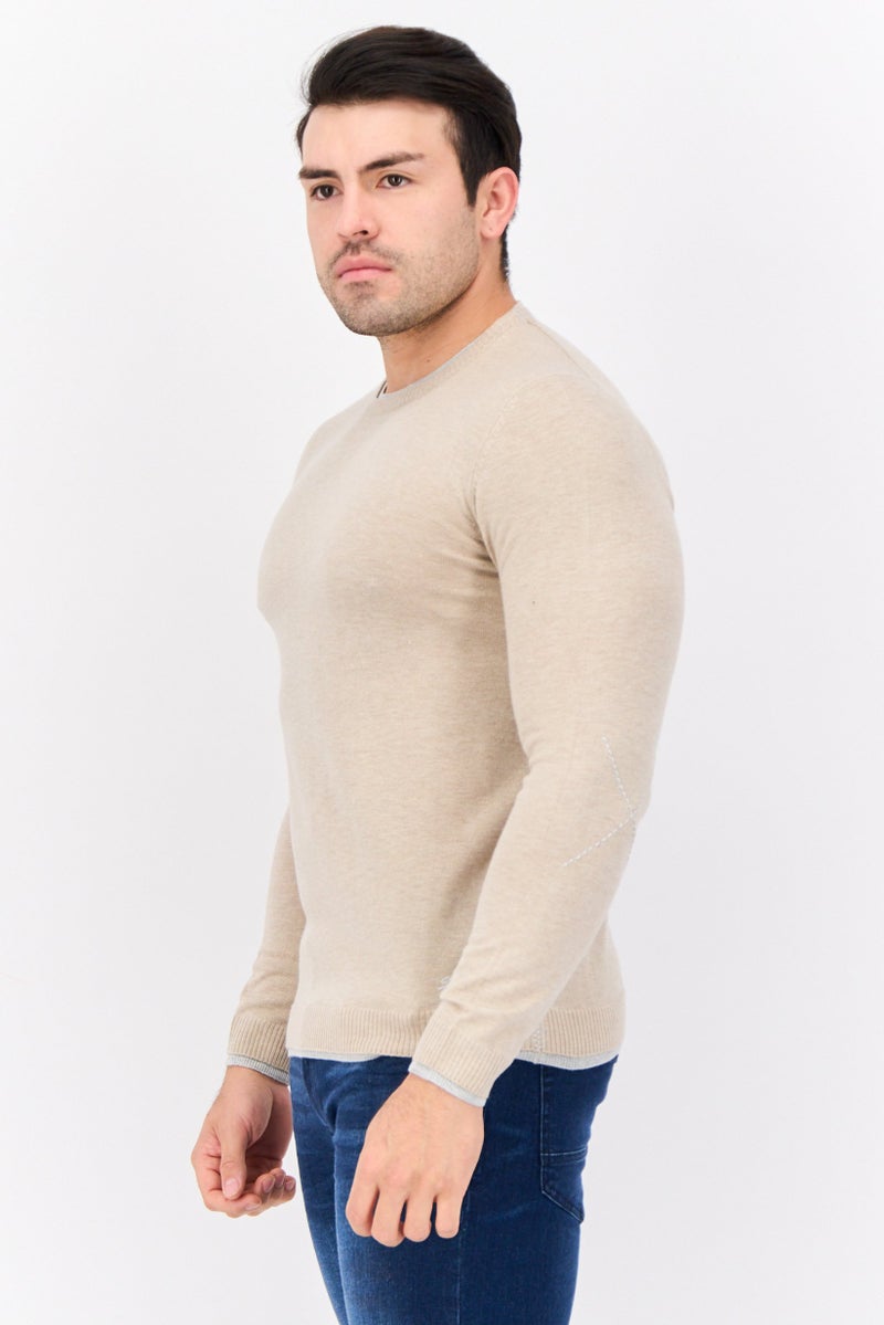 Sorbino Men Crew Neck Textured Long Sleeves Sweater, Beige - Image 2