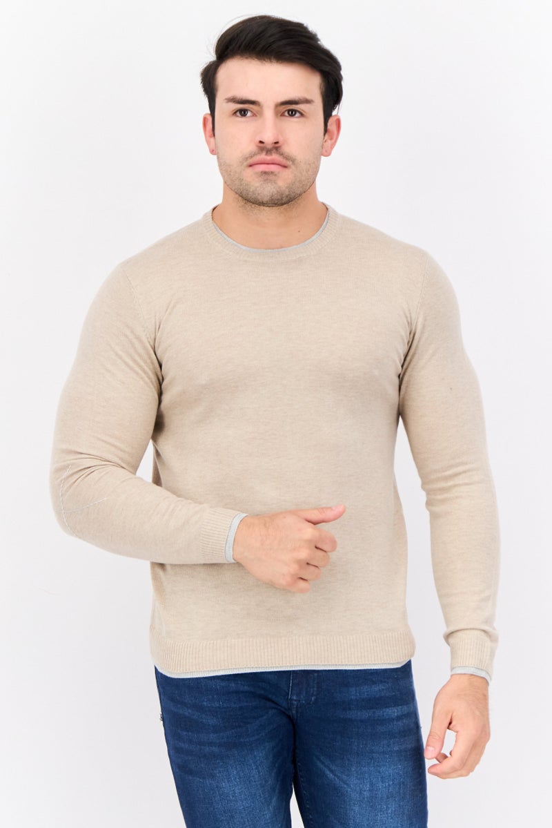 Sorbino Men Crew Neck Textured Long Sleeves Sweater, Beige - Image 1