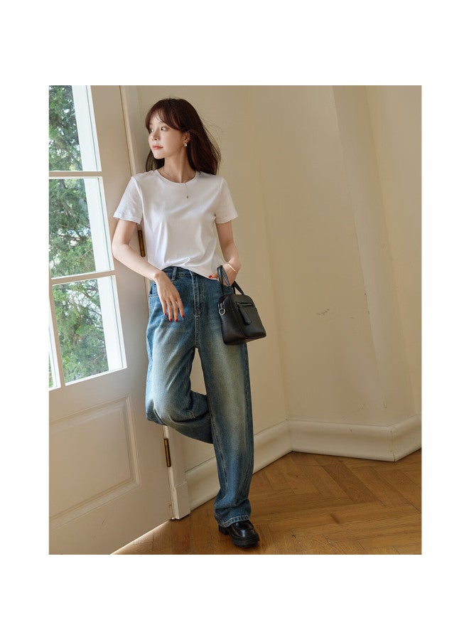 Mt And Korean Pure Color Minimalist Style] Summer Pure Cotton Silk Casual Style Cotton Slim Short-sleeved Round Neck Women's T-shirt - Image 5