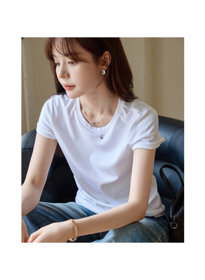 Mt And Korean Pure Color Minimalist Style] Summer Pure Cotton Silk Casual Style Cotton Slim Short-sleeved Round Neck Women's T-shirt - Image 2