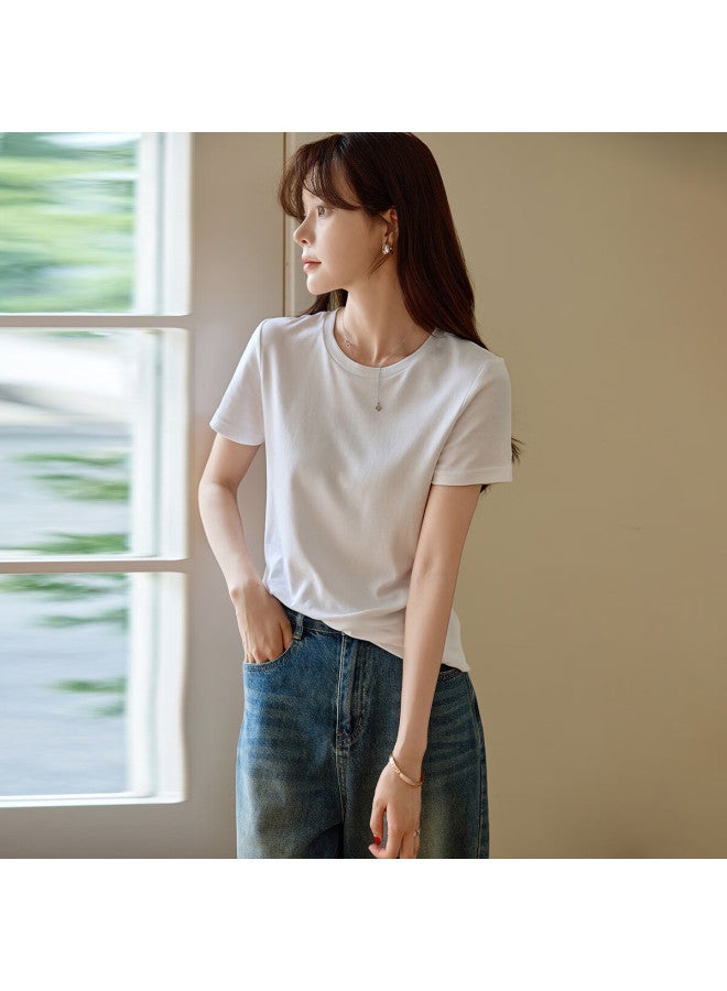 Mt And Korean Pure Color Minimalist Style] Summer Pure Cotton Silk Casual Style Cotton Slim Short-sleeved Round Neck Women's T-shirt - Image 3