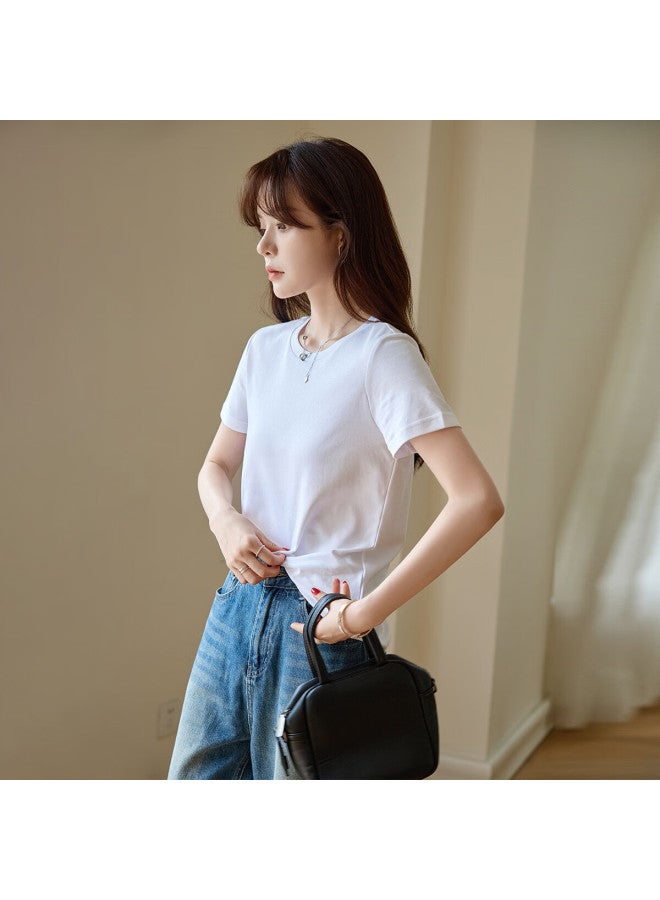 Mt And Korean Pure Color Minimalist Style] Summer Pure Cotton Silk Casual Style Cotton Slim Short-sleeved Round Neck Women's T-shirt - Image 4