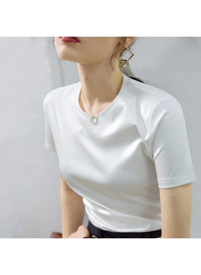 Mt And Korean Pure Color Minimalist Style] Summer Pure Cotton Silk Casual Style Cotton Slim Short-sleeved Round Neck Women's T-shirt - Image 1
