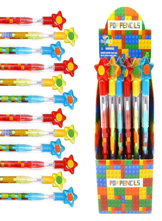 TINYMILLS Tiny Mills 24 Pcs Building Blocks Brick Multi Point Stackable Pencil with Eraser for Brick Birthday Party Favor Prize Carnival Goodie Bag Stuffers Classroom Rewards Pinata Fillers - Image 1