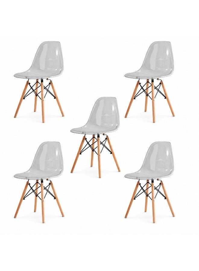 Sinyin Set of 5 Transparent Grey Dining Chairs with Wooden Legs, Modern Nordic Eames Style Chairs, Scandinavian Plastic Kitchen Chairs for Dining Room, Living Room, Cafe and Office - Image 1