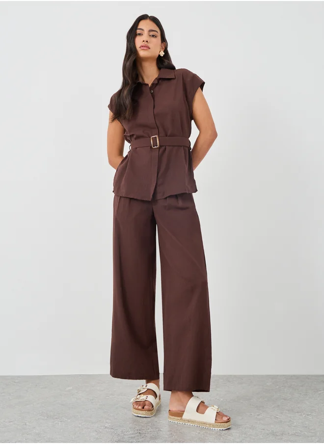 ستايلي Solid Cap Sleeve Shirt and Wide Leg Pants Co-Ords