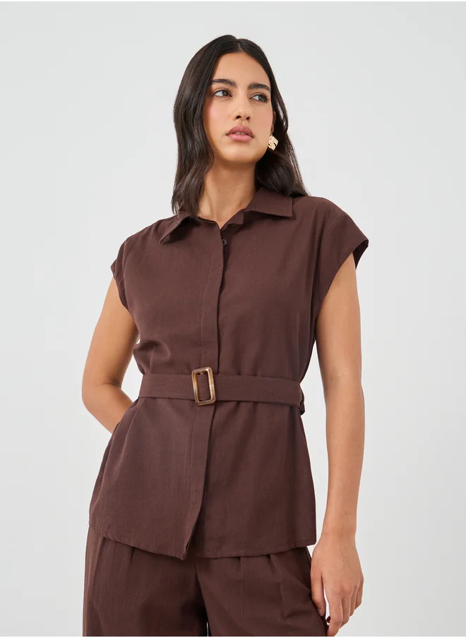 ستايلي Solid Cap Sleeve Shirt and Wide Leg Pants Co-Ords