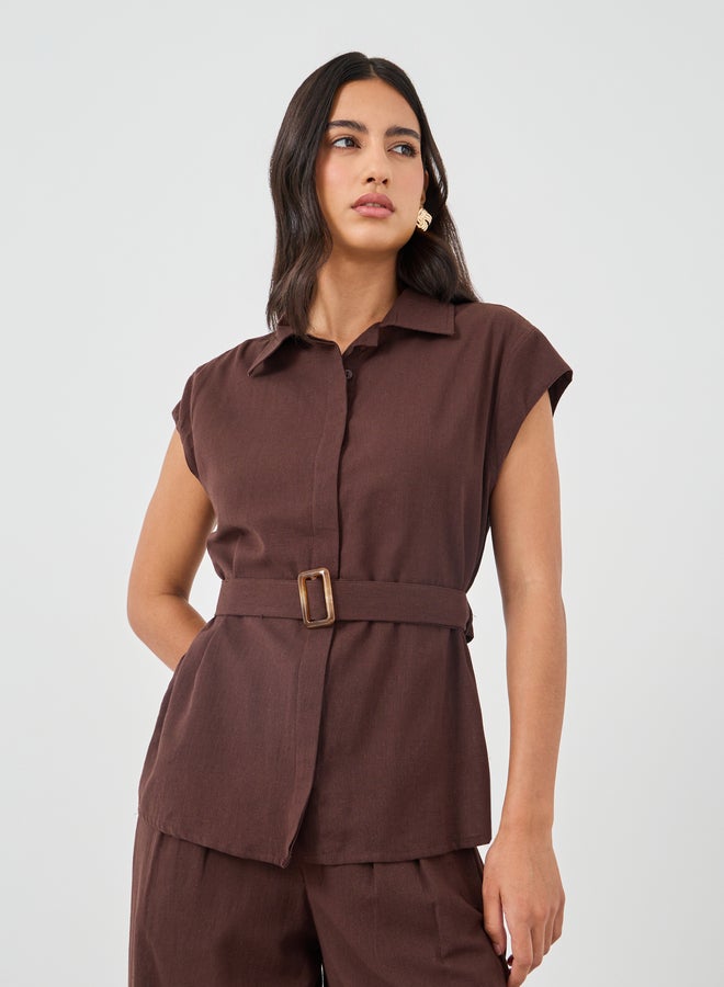 Styli Solid Cap Sleeve Shirt and Wide Leg Pants Co-Ords  - Image 2