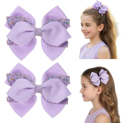 WJIAAA 2 Pcs Purple Hair Bow Clips Sparkly Glitter Alligator Barrettes for Girls Light Purple Hair Bows 394 Inch Lavender Bowknot Hairpin with Dot Sequin for Cheerleader Birthday Parties - Image 1