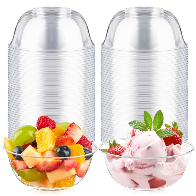10 OZ SMALL CLEAR PLASTIC BOWLS 60 PACK DISPOSABLE HARD PLASTIC PARTY SERVING BOWLS FOR SALADS ICE CREAMS FRUIT DESSERTS PARFAITS SNACKS