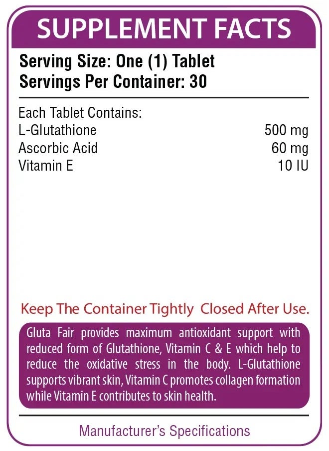 Nutrifactor - GlutaFair - Promotes Youthful & Vibrant Skin Tone - L Glutathione with Vitamin C & E - 30 Tablets - Image 1