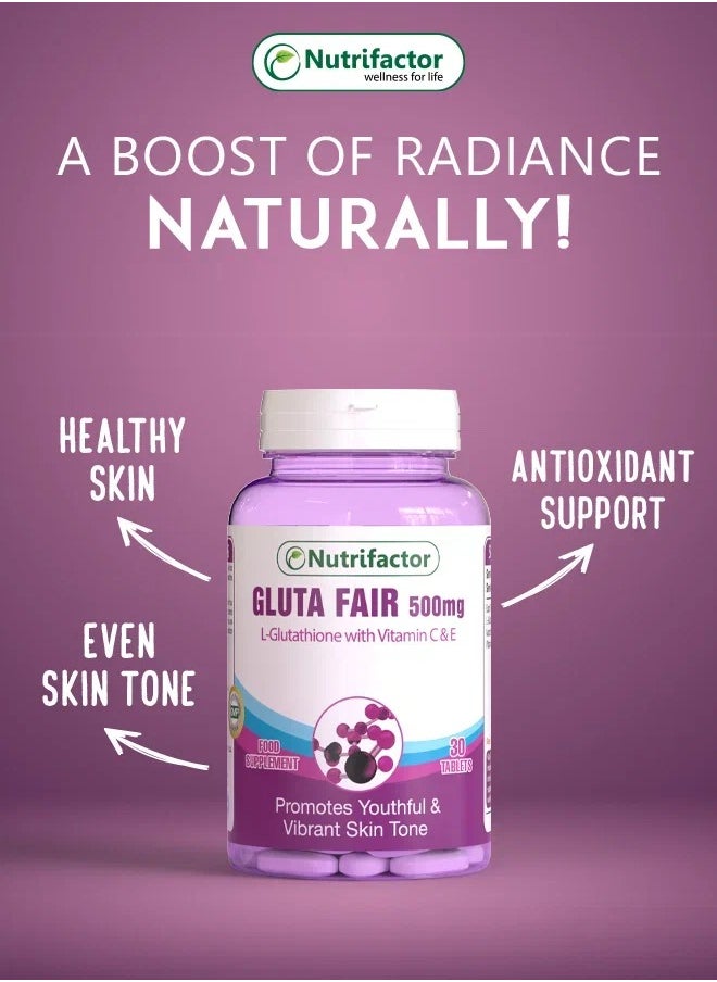 Nutrifactor - GlutaFair - Promotes Youthful & Vibrant Skin Tone - L Glutathione with Vitamin C & E - 30 Tablets - Image 1