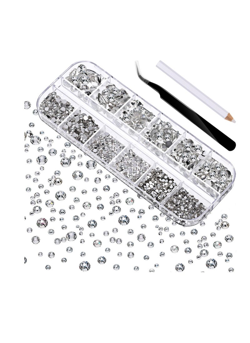 TecUnite - 2000 Pieces Flat Back Gems Rhinestones 6 Sizes (1.5-6 Mm) Round Crystal Rhinestones with Pick up Tweezer and Rhinestones Picking Pen for Crafts Nail Clothes Shoes Bags DIY Art (Clear) - Image 1