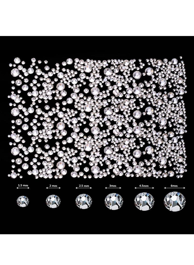 TecUnite - 2000 Pieces Flat Back Gems Rhinestones 6 Sizes (1.5-6 Mm) Round Crystal Rhinestones with Pick up Tweezer and Rhinestones Picking Pen for Crafts Nail Clothes Shoes Bags DIY Art (Clear) - Image 1
