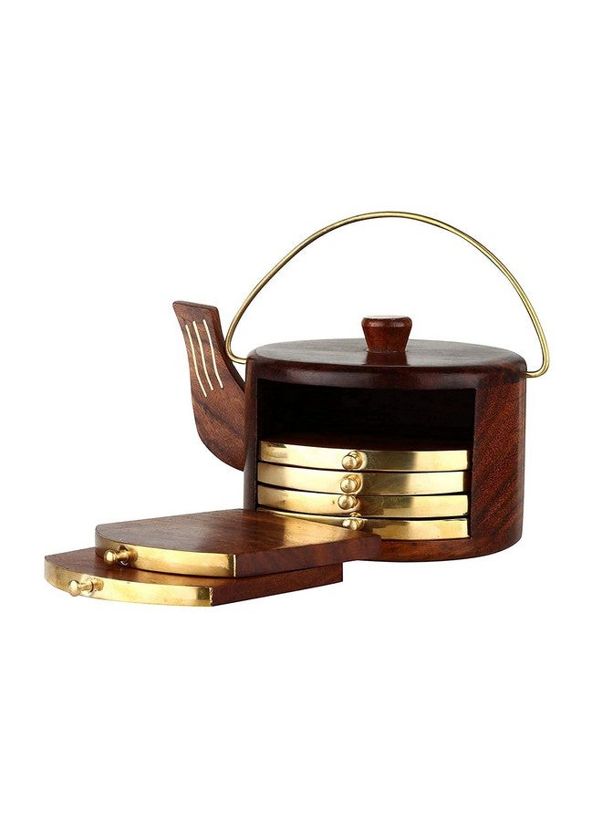 Woodiva Handmade Rosewood Kettle-Shaped Coaster Set - Set of 6 Wooden Drink Coasters with Brass Inlay for Kitchen, Dining Table & Coffee Table - Image 2