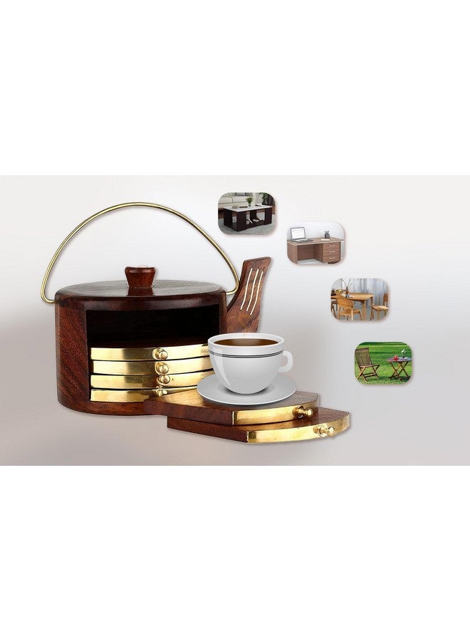 Woodiva Handmade Rosewood Kettle-Shaped Coaster Set - Set of 6 Wooden Drink Coasters with Brass Inlay for Kitchen, Dining Table & Coffee Table - Image 3