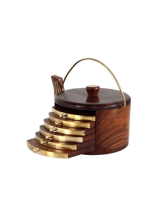 Woodiva Handmade Rosewood Kettle-Shaped Coaster Set - Set of 6 Wooden Drink Coasters with Brass Inlay for Kitchen, Dining Table & Coffee Table - Image 1