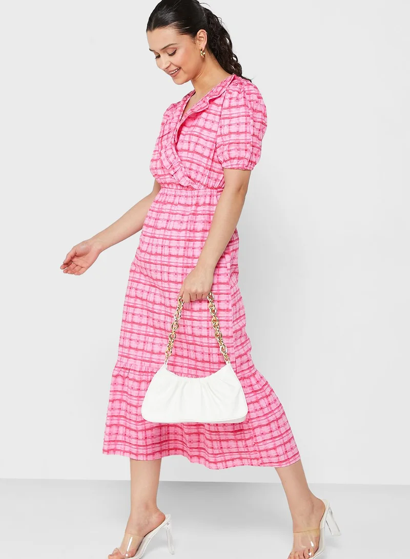 RIVER ISLAND Checked Puff Sleeve Dress