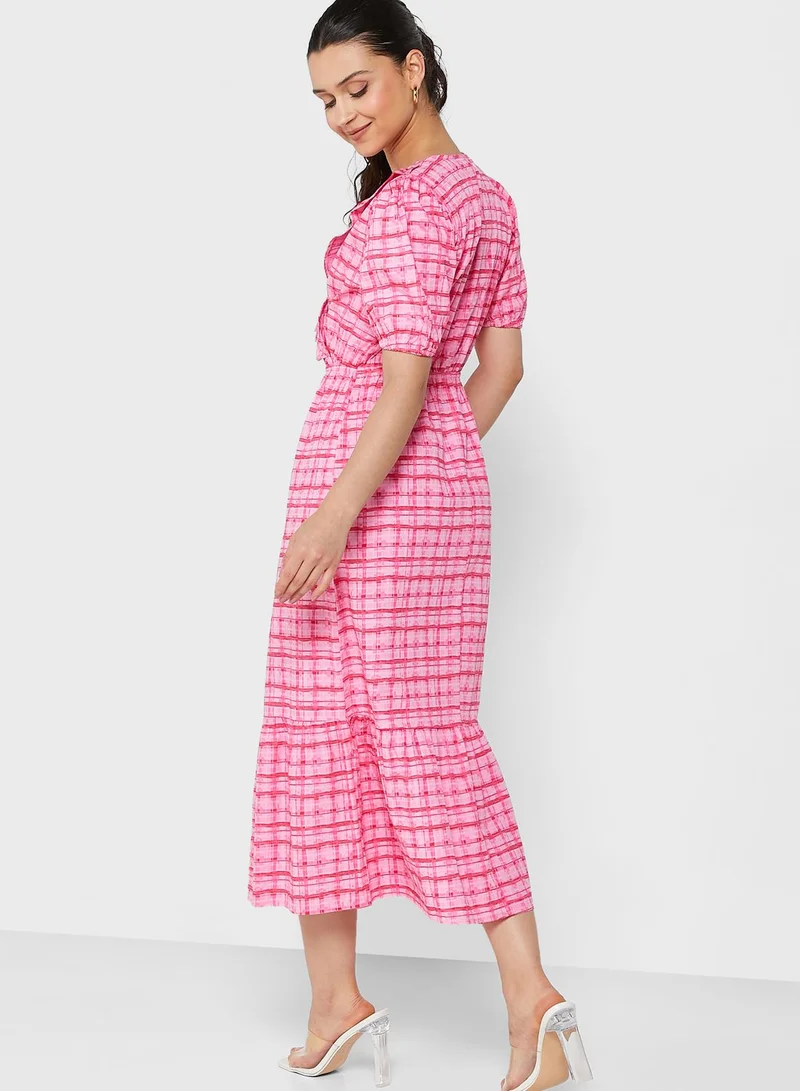 RIVER ISLAND Checked Puff Sleeve Dress