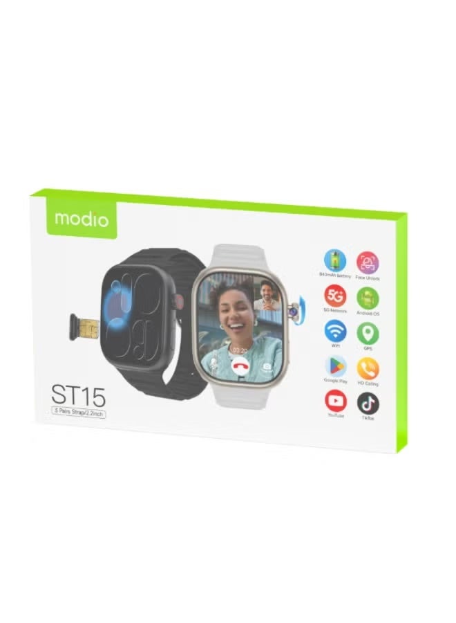 modio ساعة ذكية أندرويد ST15 5G مع شاشة 2.2 بوصة، دعم بطاقة SIM 5G، 3 أحزمة قابلة للتبديل - أسود، تصميم غير محدد للجنسين، تتبع اللياقة البدنية والإشعارات - Image 3