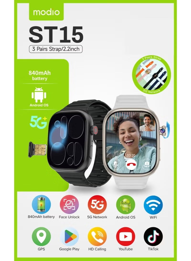 modio ساعة ذكية أندرويد ST15 5G مع شاشة 2.2 بوصة، دعم بطاقة SIM 5G، 3 أحزمة قابلة للتبديل - أسود، تصميم غير محدد للجنسين، تتبع اللياقة البدنية والإشعارات - Image 2