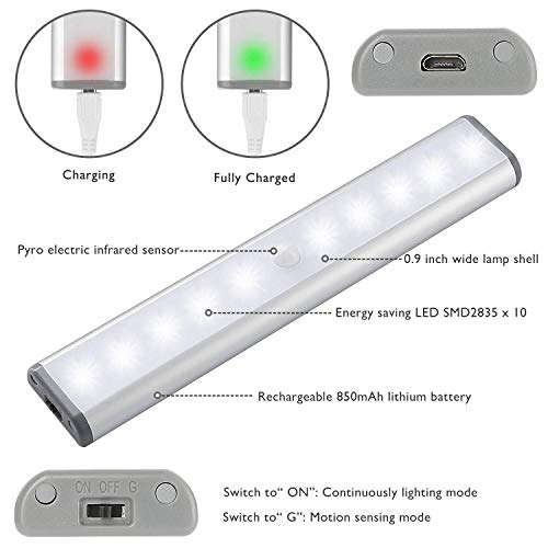 LEPOTEC Wireless Motion Sensor Cabinet Lights 10-LED USB Rechargeable Closet Lights LED Under Cabinet Lighting for Wardrobe/Drawer/Stairs/Cupboard/Counter/Pantry/Stairs,Stick On Anywhere,2 Pack,White Light - Image 2