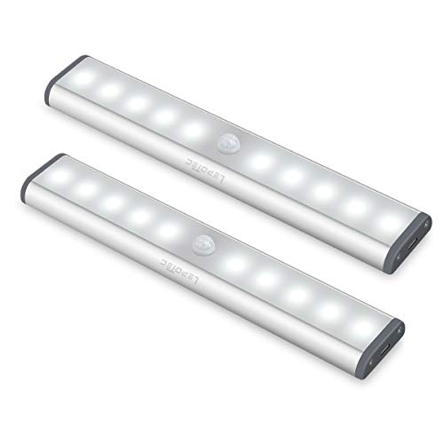 LEPOTEC Wireless Motion Sensor Cabinet Lights 10-LED USB Rechargeable Closet Lights LED Under Cabinet Lighting for Wardrobe/Drawer/Stairs/Cupboard/Counter/Pantry/Stairs,Stick On Anywhere,2 Pack,White Light - Image 1