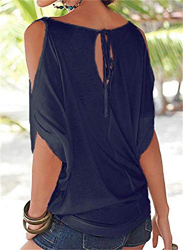 Miselon Hollowed Summer T Shirt for Women,Short Sleeve Cold Shoulder Shirts Loose Fit Casual Tops(Navy Blue, XL) - Image 2