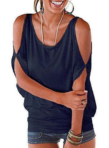 Miselon Hollowed Summer T Shirt for Women,Short Sleeve Cold Shoulder Shirts Loose Fit Casual Tops(Navy Blue, XL) - Image 1