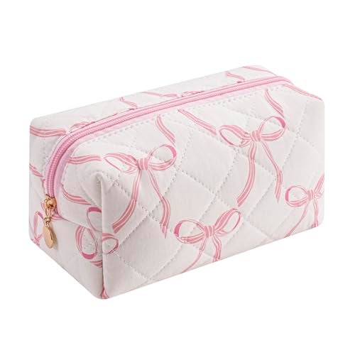 Gleyemor Small Quilted Makeup Bag for Women, Cute Floral Bow Cosmetic Bag, Emergency Bag Travel Toiletry Cotton Pouch Gifts for Girls Her Mom Friend Sister Bridesmaid (Big Pink Bow) - Image 1
