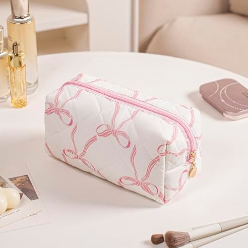 Gleyemor Small Quilted Makeup Bag for Women, Cute Floral Bow Cosmetic Bag, Emergency Bag Travel Toiletry Cotton Pouch Gifts for Girls Her Mom Friend Sister Bridesmaid (Big Pink Bow) - Image 3