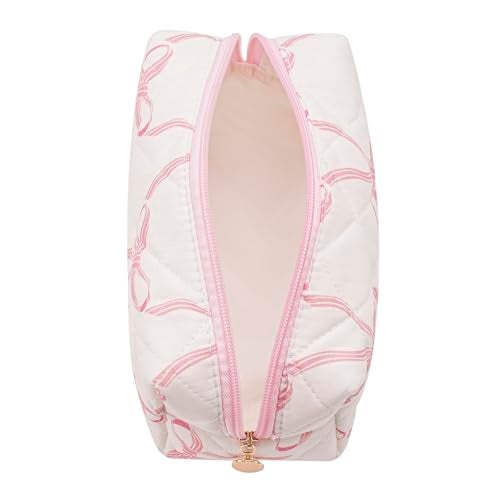 Gleyemor Small Quilted Makeup Bag for Women, Cute Floral Bow Cosmetic Bag, Emergency Bag Travel Toiletry Cotton Pouch Gifts for Girls Her Mom Friend Sister Bridesmaid (Big Pink Bow) - Image 2