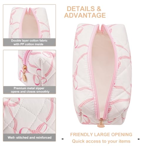 Gleyemor Small Quilted Makeup Bag for Women, Cute Floral Bow Cosmetic Bag, Emergency Bag Travel Toiletry Cotton Pouch Gifts for Girls Her Mom Friend Sister Bridesmaid (Big Pink Bow) - Image 4