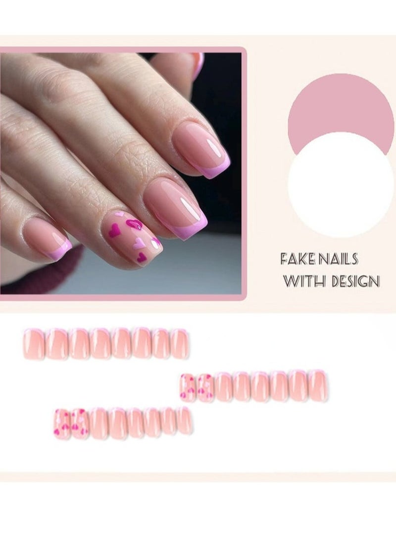 Generic - French Tip Press On Nails Pink French Red And Purple Love Nail Art  Short Trapezoid Fake Nails 24Pcs Fake Acrylic Nails With Glue Kit - Image 1