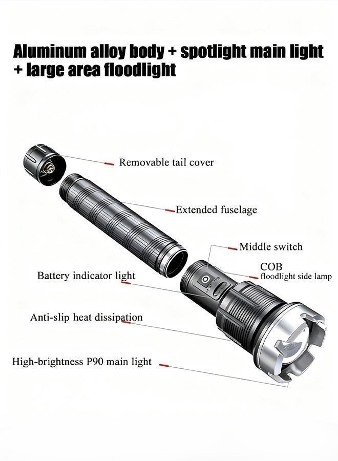 Arabest 13600 mAh Handheld Flashlight Battery Five Hours of Battery Life -9000 Lumens High-Intensity Flashlight-Aluminum Alloy Body - USB Rechargeable Zoom Long-Range Outdoor Handheld Flashlight - Image 2
