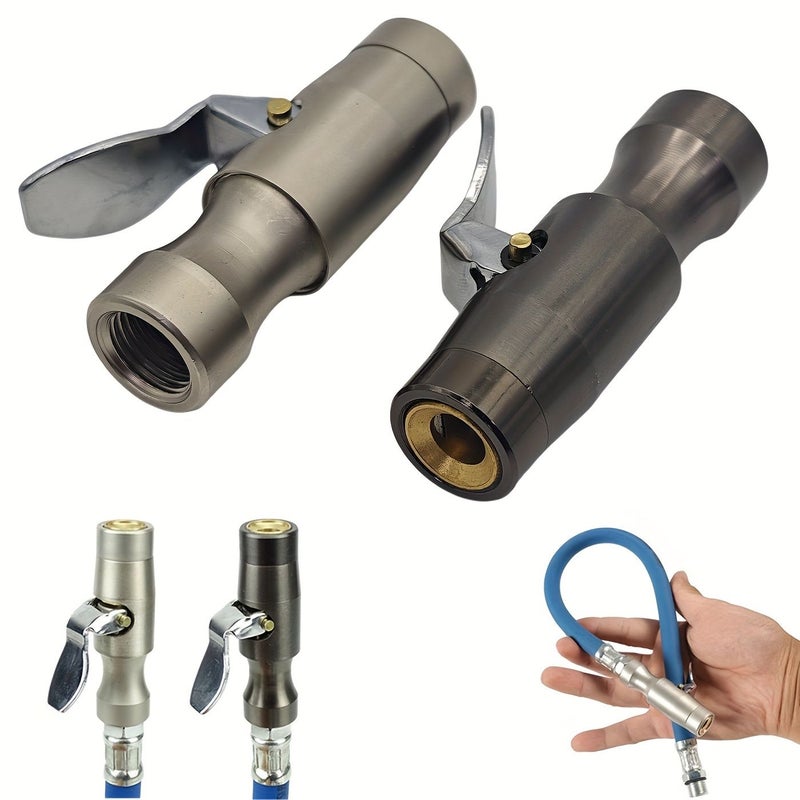 Silvery Self Locking Tire Clamp Stainless Steel Dual Gear Inflator Valve Pressure Gauge Hose Nozzle - Image 1