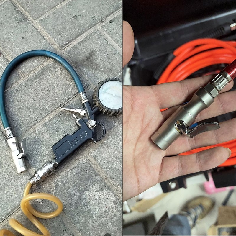Silvery Self Locking Tire Clamp Stainless Steel Dual Gear Inflator Valve Pressure Gauge Hose Nozzle - Image 5