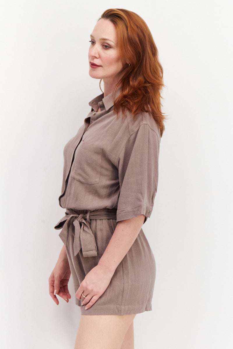 Gentle Fawn Women Short Sleeve Textured Belted Playsuit, Brown - Image 2
