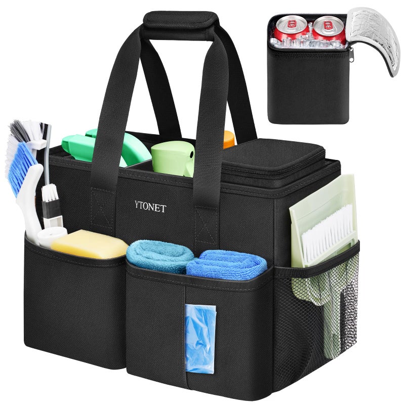 Ytonet Cleaning Caddy, Water Resistant Cleaning Supplies Organizer with Handle & Foldable Divider for Cleaners, Housekeeping Tote for Kitchen & Bathroom, Car Tool Caddy Organizer Bag, Black - Image 1