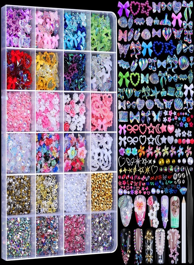 FANDAMEI FAMDAMEI 24 Grid Nail Charms, Nail Art Kit with Multi Shapes Nail Charms and Gems, Flatback AB Nail Rhinestones Gold Nail Pearls, Colorful 3D Hawaii Flowers Nail Jewels for DIY Nail Design for Crafts - Image 1