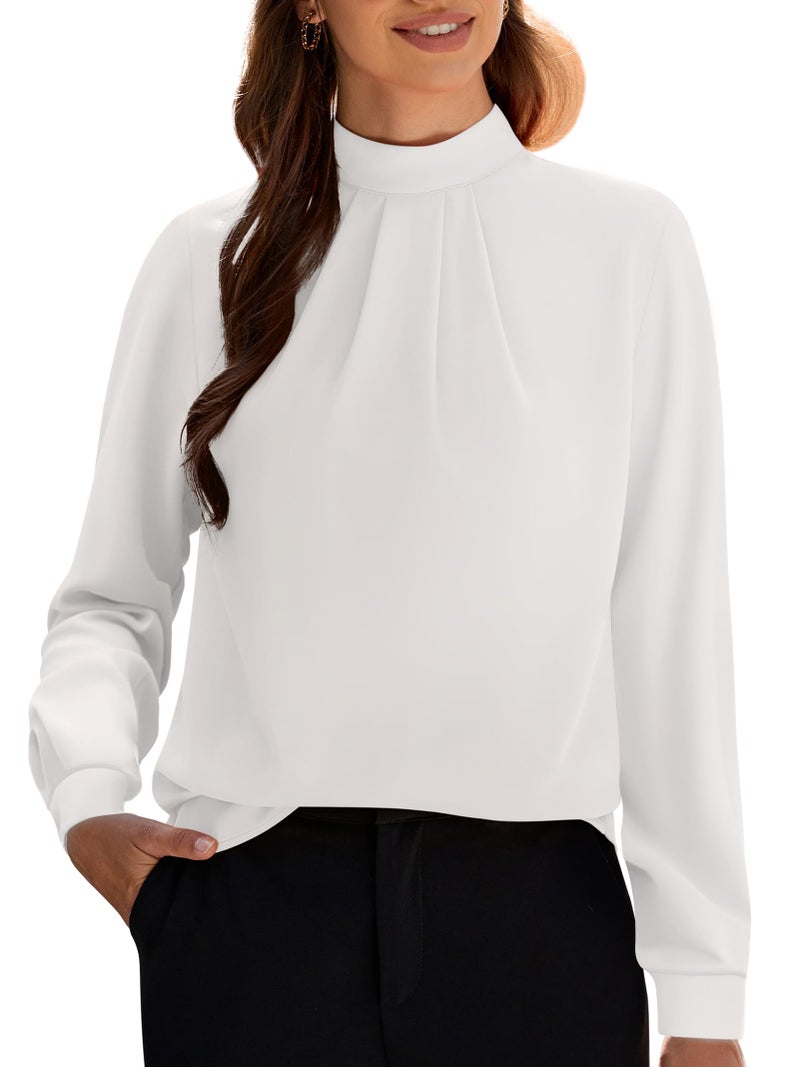 Funlingo Fall Tops for Women Dressy Casual Trendy Long Sleeve Work White Blouse Mock Neck Tunic Office Formal Chiffon Shirt Pleated Clothes L - Image 1