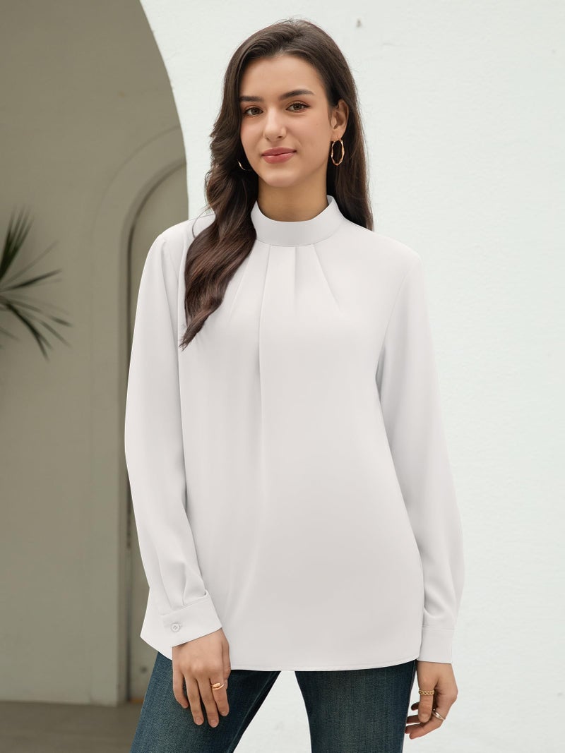 Funlingo Fall Tops for Women Dressy Casual Trendy Long Sleeve Work White Blouse Mock Neck Tunic Office Formal Chiffon Shirt Pleated Clothes L - Image 2